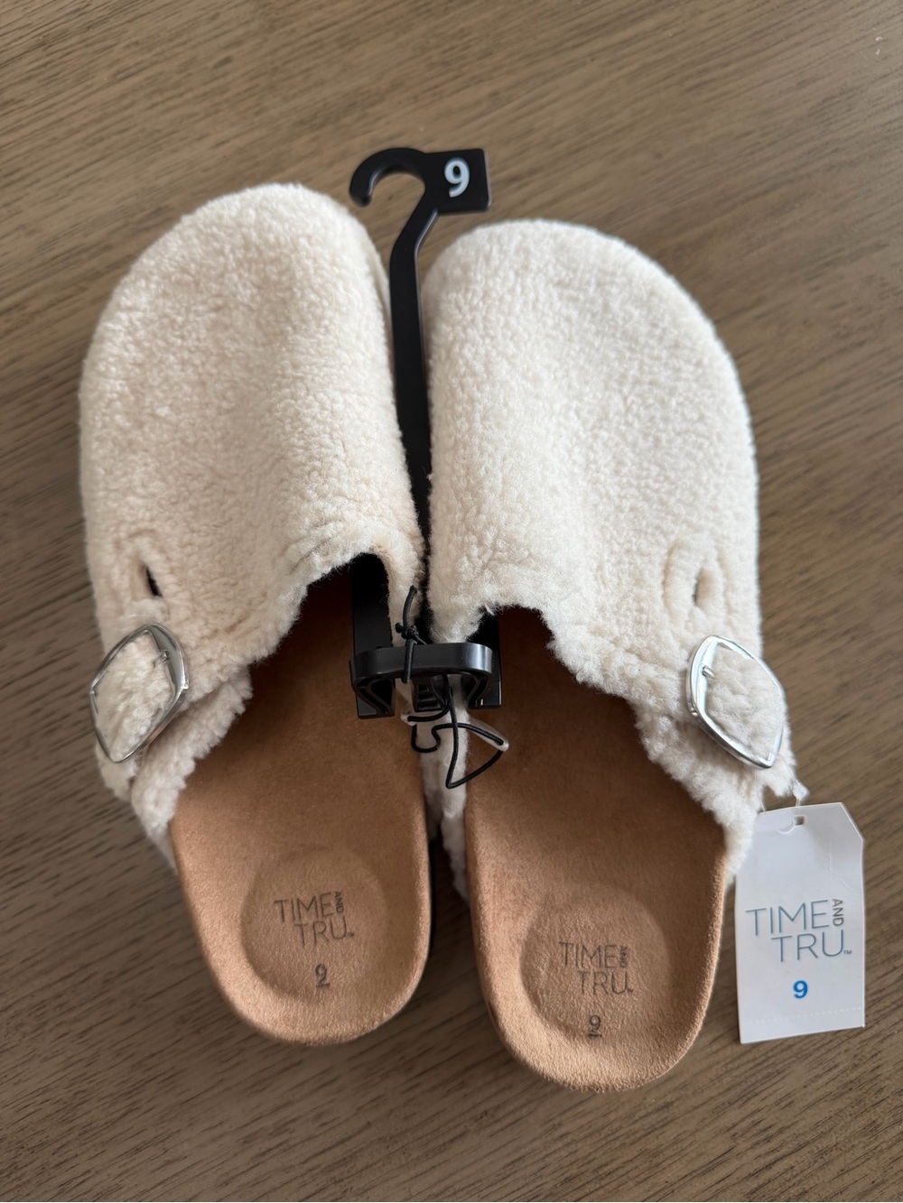 Time and Tru Cream Sherpa Slide Clogs with Silver Buckles size 7 & 9